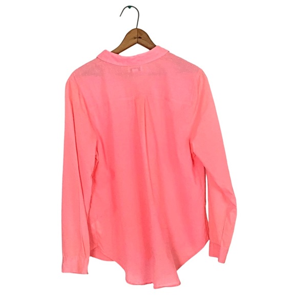 Old Navy Pink Neon Swiss Dot Popover Top Long Sleeve Semi Sheer Button Blouse L - Picture 15 of 16